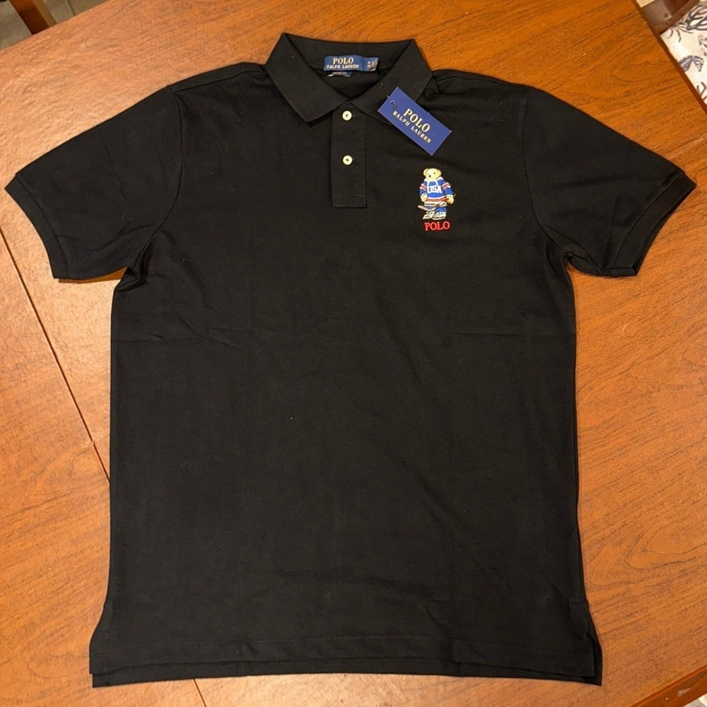 Polo Ralph Lauren Y2K Black Polo Bear TEAM USA Hockey Cotton Mesh Shirt NWT XL - Picture 2 of 8